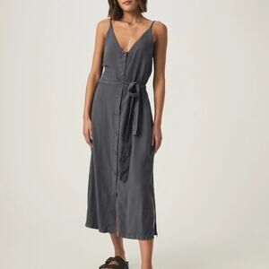 Splendid Amanda Dress XS Black Lyocell Linen Button Front Belted Midi Dress